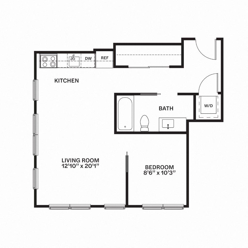 Floor plan for 1 bed, 1 bath, 664 sqft